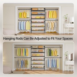 Timate P3 PLUS Closet System, Expandable Wall Mounted Closet with 6 Adjustable Shelves & 4 Expandable Hanger Rods, Industrial Pipe Clothing Rack for Hanging Clothes, Fits Spaces 6'11"- 9'10", Black