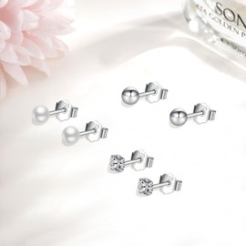 GULICX Sterling Silver Stud Earrings for Women Girls, 3 Pairs 4mm Hypoallergenic Ball Pearl Cubic Zirconia Stud Earrings Set,Small Helix Cartilage Tragus Sleeper Studs Piercing Earrings Jewelry Gifts