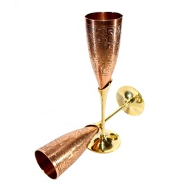 Stonkraft Engraved Brass Goblet Champagne Glasses Flutes Coupes Wine Glass Set (Slender Copper)
