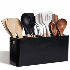 NACIMAX Extra Large Farmhouse Utensil Holder for Kitchen Counter, Wooden Utensil Holder with 4 Compartments, Cooking Utensil Holder for Countertop, Black