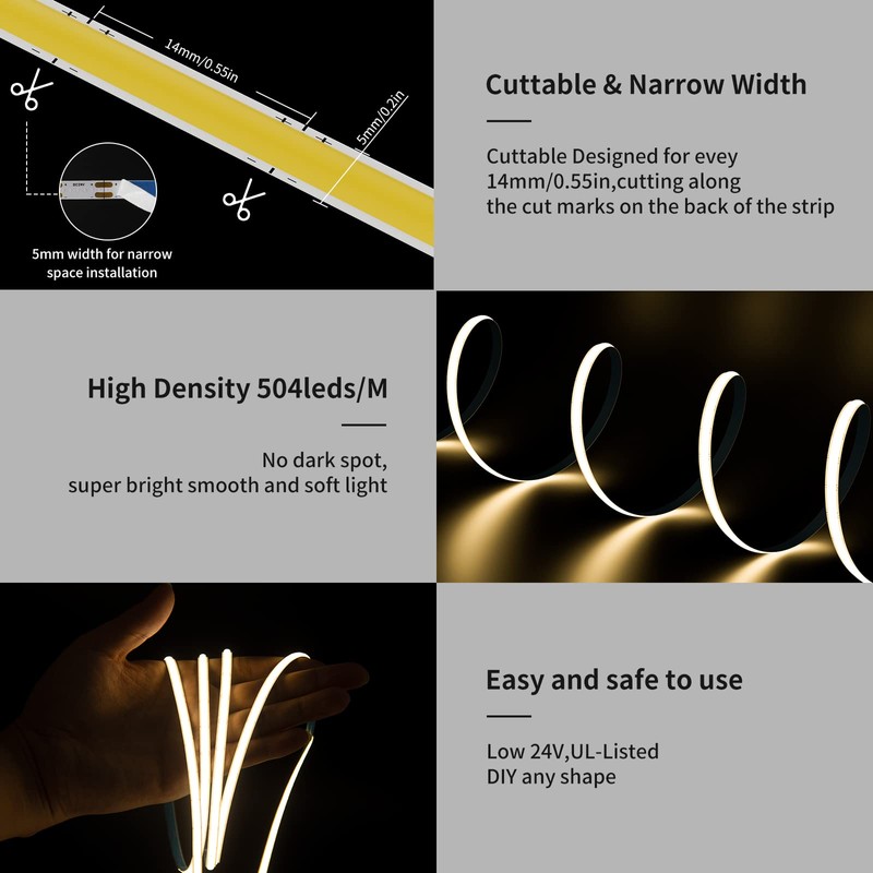 PAUTIX 5mm COB LED Strip Light 16.4ft/5m 2700K Warm White