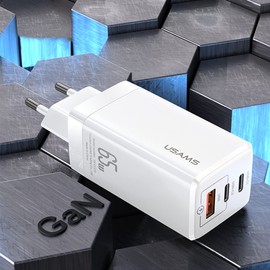 USAMS 65W PD+QC Charging Adapter with 2 x Type-C + Type-A Output, Digital Display, Quick Charge Support - European Plug - Compatible with All Type-C Devices