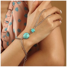 TseanYi Turquoise Finger Ring Bracelet Turquoise Star Bracelet Silver Slave Bracelet Boho Minimalist Bracelet Hand Harness Chain Bridal Hand
