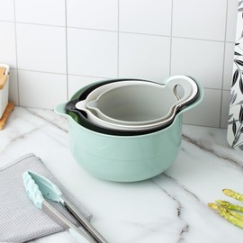 COOK WITH COLOR Nesting Plastic Mixing Bowl Set with Pour Spouts and Handles, Mint, 4 Piece Non-Slip