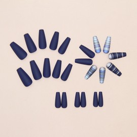 Coffin Shaped Press on Nails Medium Length Fake Nails Dark Blue False Nails with Lines Designs Glossy Glitter Glue on Nails Matte Acrylic Nails Reusable Artificial Nails for Women 24 Pcs