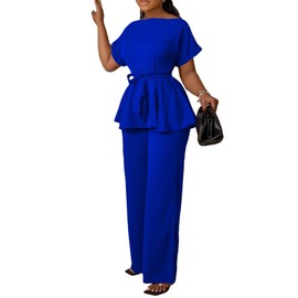 Ekaliy Women's Two Piece Outfits Business Suit Set Short Sleeve Peplum Top Flared Pants Sets Blue XXL