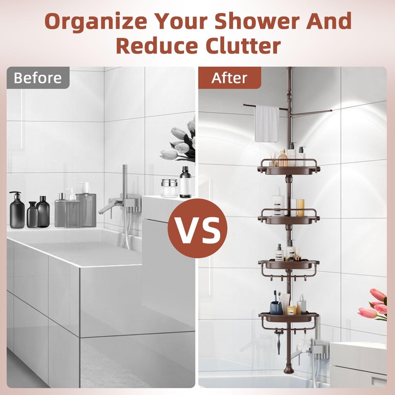 32-122inch Corner Shower Caddy Tension Pole Brown, Rustproof Drill-Free Shower