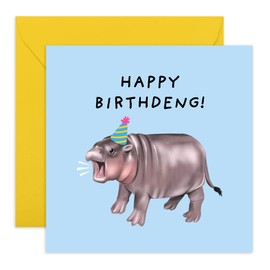Adorable Birthday Card Moo Deng Hippo - 'Happy Birthday Deng' - Gifts for Him, Her, Coworker, Sister, Brother, Friends, Niece, Nephew - Baby Hippo - Comes with Fun Stickers
