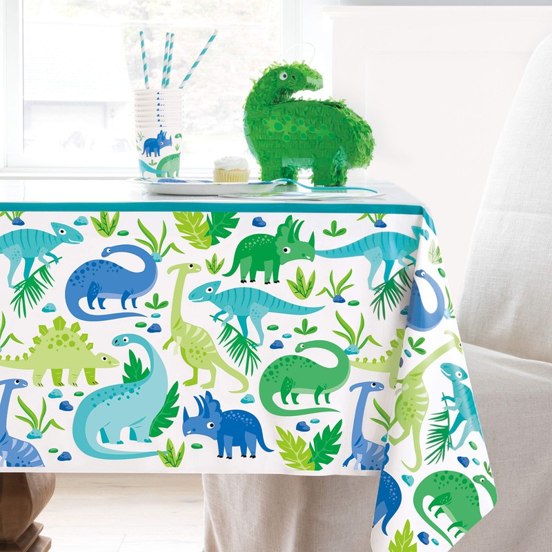 Vibrant Blue & Green Dinosaur Plastic Table Cover (137cm x
