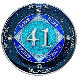 (Years 1-50) NA 41 Year Crystals and Glitter Medallion, Silver Color Plated Coin, Black Rainbow, Blue Glitter and Four Clear Crystals, Epoxy Covered (NA 41 Year Glitter & Crystals Medallion)