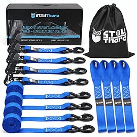 Stay There Heavy Duty Ratchet Tie Down Straps - 4500 Lbs Breaking Strength 1.5" x 8' , Includes 4 Heavy Duty Ratchet Padded Handles – Coated Deep S-Hook & Carry Bag (Blue)