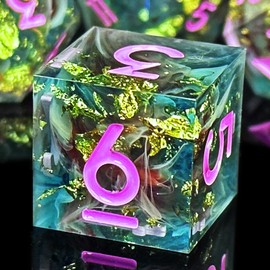 HAOMEJA Resin DND Dice Set D&D 7 Pcs Resin Sharp Edge Role Playing Dice with Dragon Eye Dice Bag,Polyhedral Dungeons and Dragons Dice D20 D12 D10 D8 D6 D4 (Green & Number Pink)