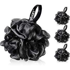 Yoget Charcoal Bath Loofah Sponge, 4 Pack Black 60G Large Shower Mesh Ball Soft Pouf Body Scrubber, Exfoliate, Cleanse, Soothe Skin