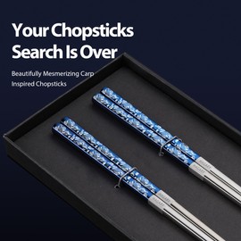 Carp Gold Reusable Chopsticks Square Metal Stainless Steel 316 18/10 Non-Slip Dishwasher Safe Designed In Korea Japanese Style (Blue - 2 Pairs)