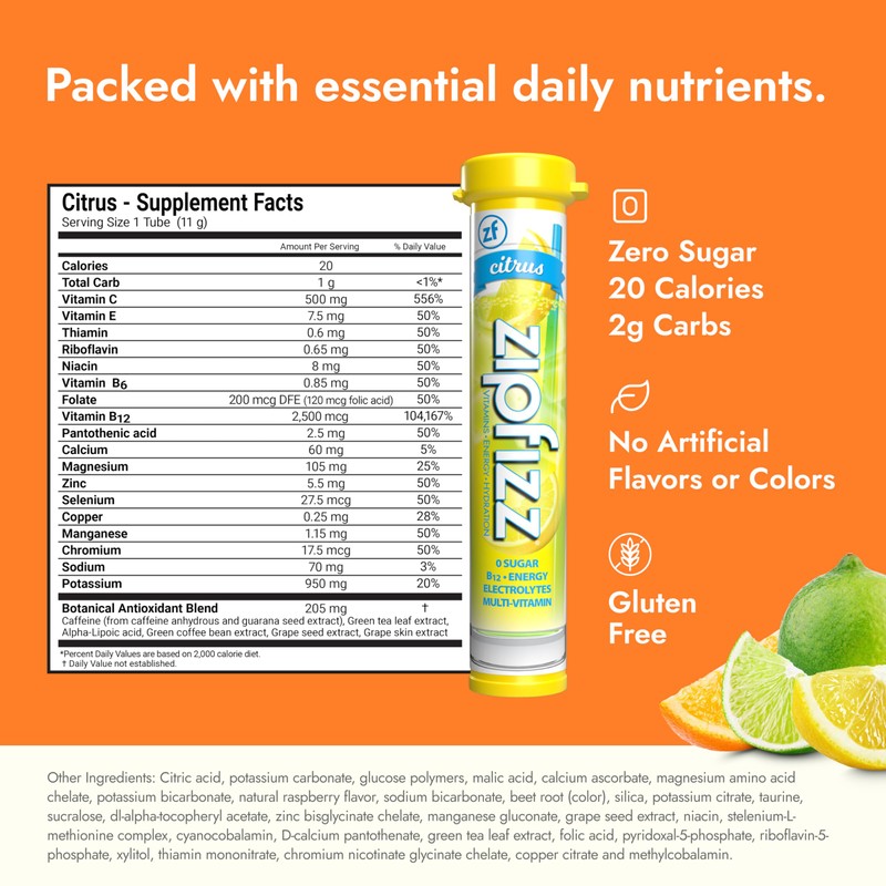 Zipfizz Daily Energy Drink Powder, Citrus, 20 Pack, 3-in-1 Sustained