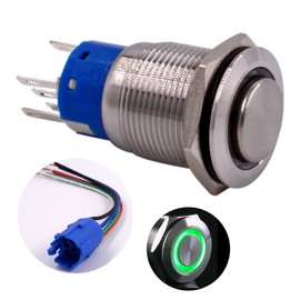 Momentary Push Button Switch, URTONE UR198, 1NO1NC Stainless Steel Shell with 24V Green LED Ring Suitable for 19mm 3/4" Mounting Hole, Include Socket