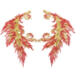 Sequins Embroidery Phoenix Peacock Feather Tail Applique Sewing Patches for Cloth Wedding Stage Accessories (red)
