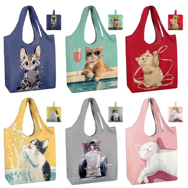 BeeGreen Cat Reusable Grocery Bags 6 Pack, Heavy Duty Totes