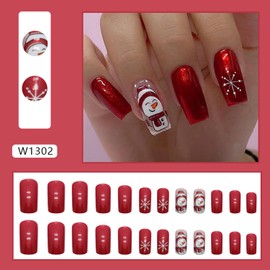 Christmas Cute Snowman Fake Nails Medium Square Winter Press on Nails White Snowflake Acrylic Nails with Red Solid Color Glue on Nails Glossy Xmas Stick on Nails for Women Girls