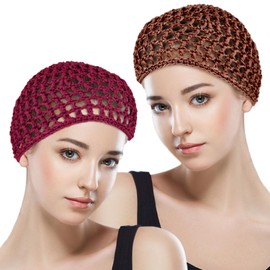 COMNICO 2Pcs Crochet Hair Net Mesh Cover Curls Hair Wrap Towels Sleeping Soft Nylon Bun Lifting Strap Thick Short Knit Snoods Hat Women Long Short Straight Curl Wig (Wine red + Brown)