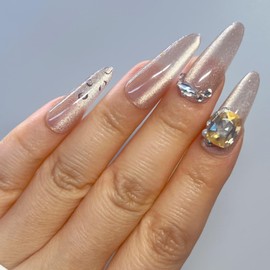 30 Pcs Press on Nails Long Stiletto Handmade False Nails with 3 D Crystals Designs Reusable Glue on Nails Nude Glossy Acrylic Gel Nail Full Cover Artificial Stick on Nails for Women Girls
