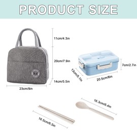 Bento Lunch Box for Adults and Kids, Wheat Straw Meal Prep Containers with Spoon, Chopsticks and Lunch Bag, Leakproof BPA Free 3 Compartment Lunch Containers for Schools Work Travel(Blue)