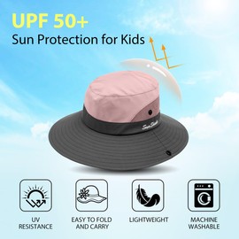 IYEBRAO Kids Girls Sun Hat with Ponytail Hole Summer Wide Brim UV Protection Bucket Cap for Beach ＆ Fishing（Pink）
