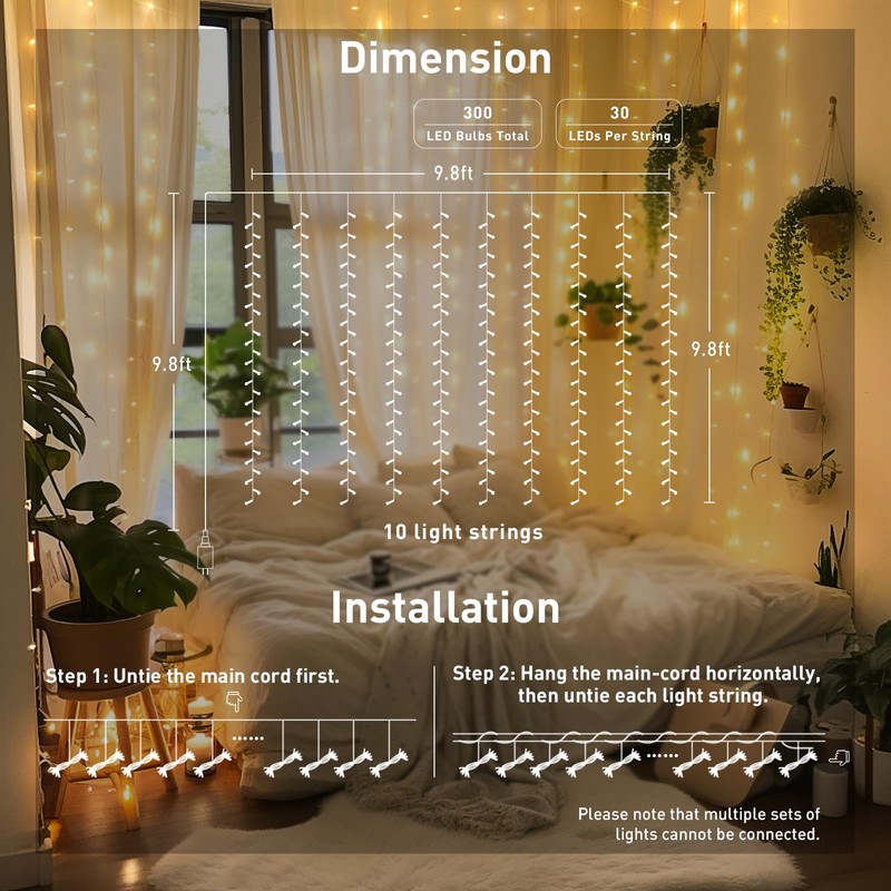 JMEXSUSS 300 LED Remote Control Curtain Lights, Plug in Fairy
