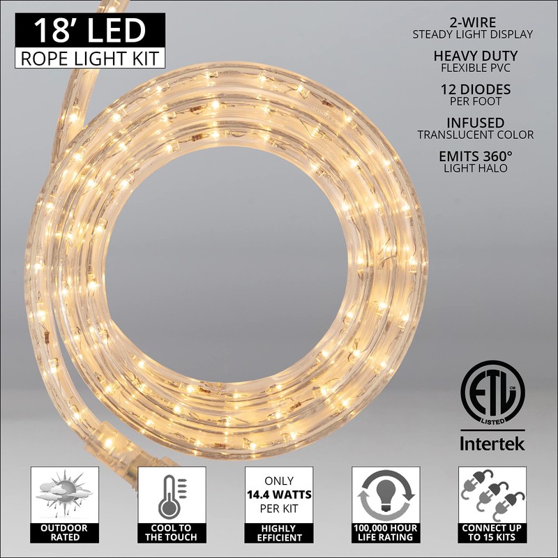 Wintergreen Lighting 18' LED Warm White Rope Light, LED Flexible
