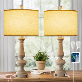 Jeagop 26" Farmhouse Resin Table Lamp for Bedroom Set of 2, Retro Bedside Lamps for Nightstand with USB C+A Ports, 3 Color Temperature Desk Lamp, Vintage Table Lamps for Living Room (Bulb Included)