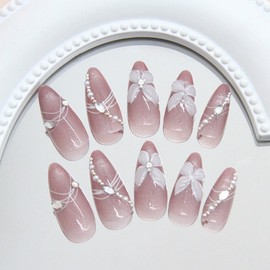 Hkanlre Almond Fake Nails Tips Shiny Press on Nails Medium Full Cover Rhinestones Pink False Flower Nails for Women 24PCS