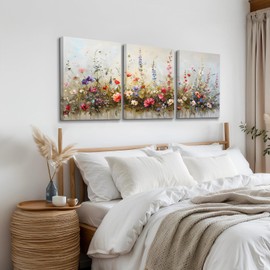 SERIMINO Large Wall Art for Living Room Canvas Prints, Nature Floral Botanical Wall Art Set 3 Piece Farmhouse Decor, Misty Flowers Modern Home Decor Paintings for Bedroom Bathroom 20"X28"