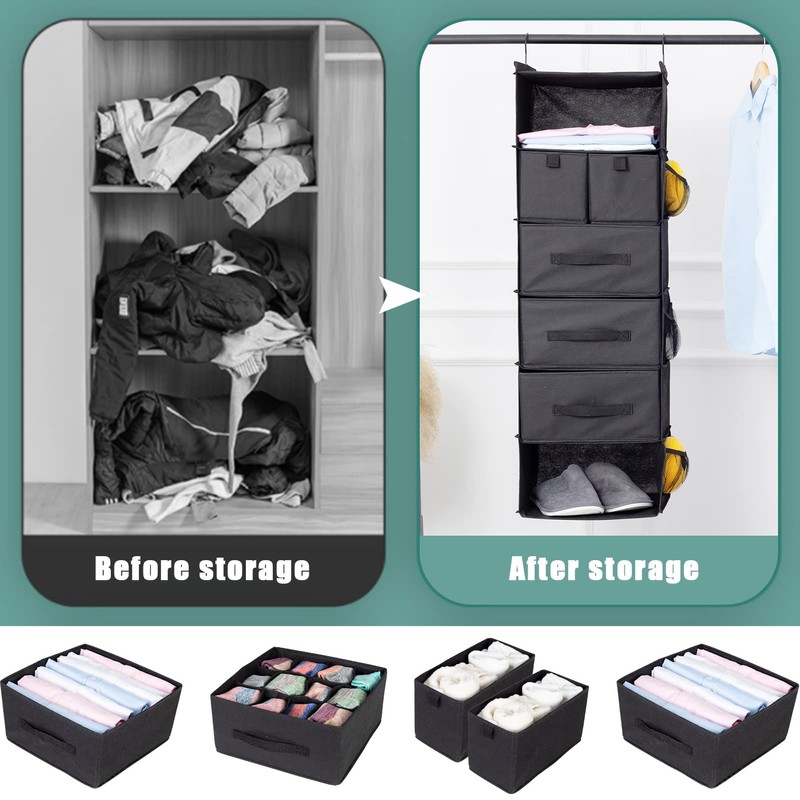 Bosuelife 6-Shelves Hanging Closet Organizer with 5 Different Drawers, Foldable