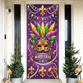 Starlit Patio Mardi Gras Decorations Door Cover Carnival Party Front Door Banner Backdrop 70.8"x35.4" Mask Welcome Garland Sign New Orleans Home Masquerade Party Supplies Carnival Banner Home Decor