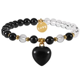 Nupuyai Heart Charm Obsidian Crystal Beads Bracelet for Women, Healing Stone Stretch Letter Love Charm Bracelet