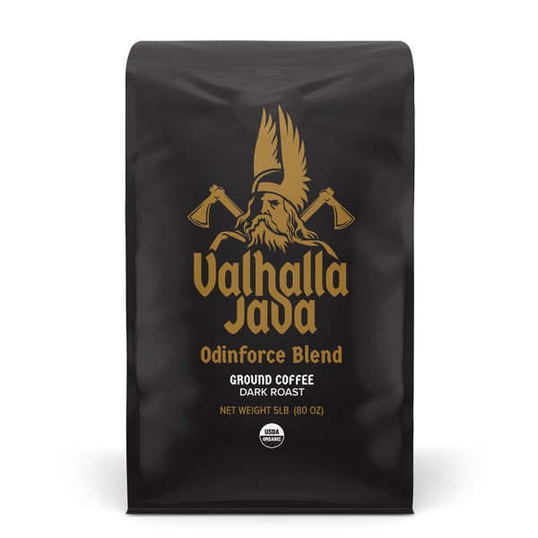 Death Wish Coffee Valhalla Java Dark Roast Grounds - Extra Kick of Caffeine - 5 Lb. - Bold & Intense Blend of Arabica Robusta Beans - USDA Organic Ground Coffee - Strong Coffee for Morning Boost