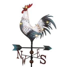 TERESA'S COLLECTIONS Garden Ornaments Outdoor, 86cm Metal Rooster Garden Statue, Weather Vane with Solar Light, Waterproof Garden Sculpture Decoration for lawn,Yard & Eave, Gifts for Women, White