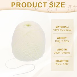 sourcing map 100% Wool Yarn, 4-Ply Wool Roving Luxurious and Soft Yarn Hand Dyed Yarn for Hand Knitting Crocheting, 3.52 OZ, 306 Yard (White, 1 Ball)