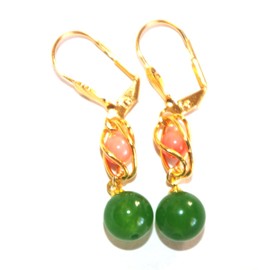 35th Anniversary Angel Skin Seed Coral & Jade Round Caged Teardrop 14k GF Leverback Earrings