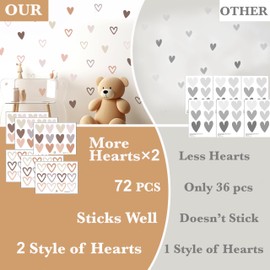 72psc Boho Heart Wall Stickers Girls Bedroom Removable Wall Decals Nursery Kids Room Decor, Cute Decorations, Pastel Hearts Wall Art Stickers for Kids Room Bedroom Playroom Nursery Room