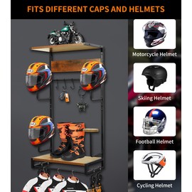 Motorcycle Helmet Rack Wall Mount, Retro Rust Helmet Holder with Wood Floating Shelf and Hooks for Storage
