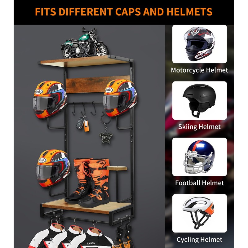 Motorcycle Helmet Rack Wall Mount, Retro Rust Helmet Holder with