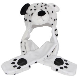 Bioterti Plush Novelty Animal Hat 3 in 1 Beanie With Long Paw Scarf, Mitten Combo (Dalmatian)
