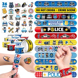 BOIKOKY 60 PCS Police Party Favors Set - 36 Temporary Tattoos Sticker & 24 Slap Bracelets for Kids, Perfect for Birthday Parties, Classroom Rewards and Gifts