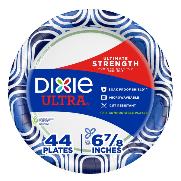 Dixie Ultra, Small Paper Plates, 6 7/8" Inch, 44 Count, 3X Stronger*, Heavy Duty, Microwave-Safe, Soak-Proof, Cut Resistant, Great For Heavy, Messy Meals