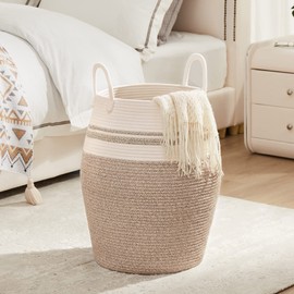 65L Cotton Rope Laundry Hamper by Fiona's magic, Large Woven Tall Laundry Basket for Storage Clothes and Toy in Bedroom, Living Room Organizing, Collapsible, Brown & White