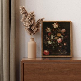 ARPEOTCY Vintage Framed Floral Wall Art Decor, Bathroom Dark Flower Bouquet Retro Wall Decor, Canvas Prints Art, Bedroom Roses and Tulips Paintings Farmhouse Moody Home Decoration, 9x11 Inch