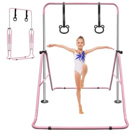 WKKEOM Expandable Gymnastics Bar for Kids, Gymnastics Bars for Kids with Rings, Junior Kip Training Bars Equipment for Home, Folding Height Adjustable Horizontal Bars Muscle Strength Athleticism - Color: Pink