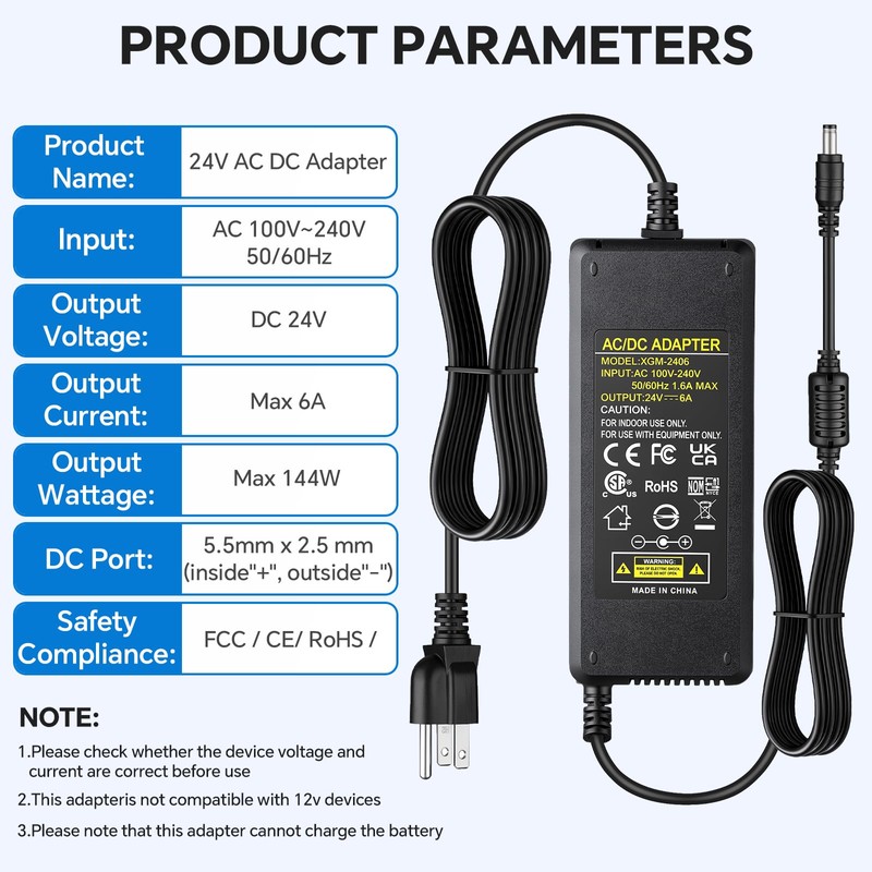 24V 6A Power Supply, AC to DC Adapter 100V-240V to