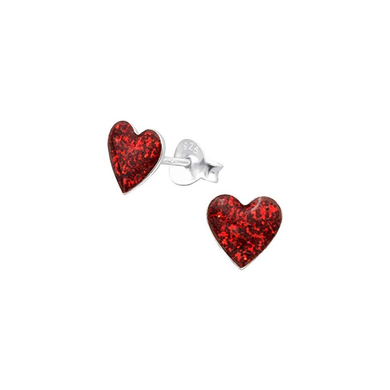 Red Love Heart - 925 Sterling Silver Sparkly Earrings
